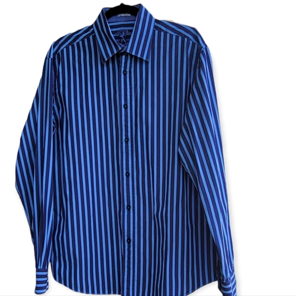 Men's BUGATCHI Blue + Stripe Shirt Shaped Fit Contrasting Collar Cuff Large Blue - Picture 1 of 10